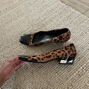 Archival PRADA FW 1999 Leopard Calf Hair Architectural Logo Heel Pumps